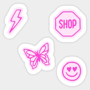 pink set butterfly lightning bolt smiley face shop sign preppy aesthetic pattern Sticker